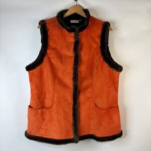 Denim & Co. Vest Women XL Orange Faux Suede Fur Trim Snap Front Pockets